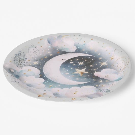 Blau und Weiß Halbmond Celestial Boho Moderne Pappteller (Schrägansicht)