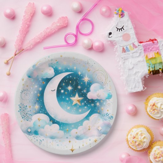 Blau und Weiß Halbmond Celestial Boho Moderne Pappteller (Party)