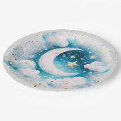 Blau und Weiß Halbmond Celestial Boho Moderne Pappteller (Schrägansicht)