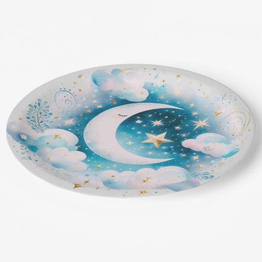 Blau und Weiß Halbmond Celestial Boho Moderne Pappteller (Schrägansicht)
