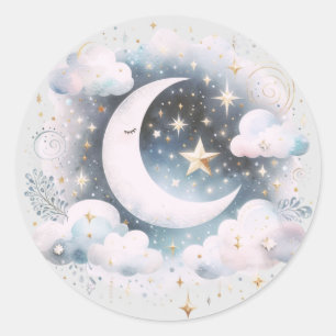 Blau und Weiß Halbmond Celestial Boho Moderne Runder Aufkleber