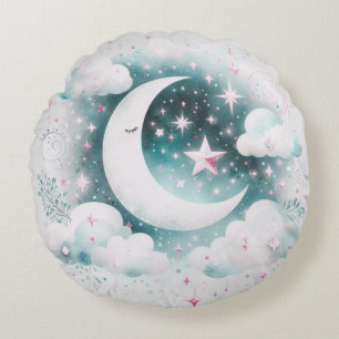 Blau und Weiß Halbmond Celestial Boho Moderne Rundes Kissen