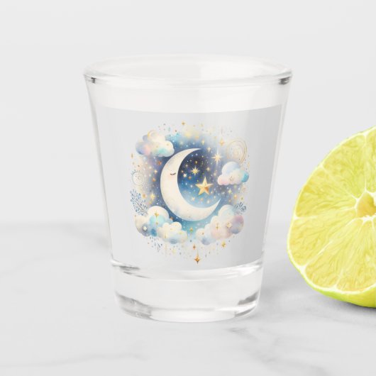 Blau und Weiß Halbmond Celestial Boho Moderne Schnapsglas (Vorderseite)
