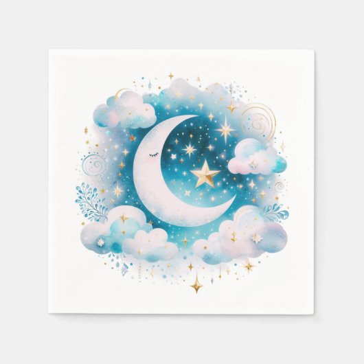 Blau und Weiß Halbmond Celestial Boho Moderne Serviette (Vorderseite)