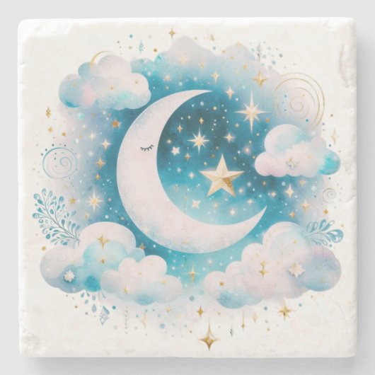 Blau und Weiß Halbmond Celestial Boho Moderne Steinuntersetzer (Vorderseite)