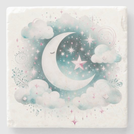 Blau und Weiß Halbmond Celestial Boho Moderne Steinuntersetzer (Vorderseite)
