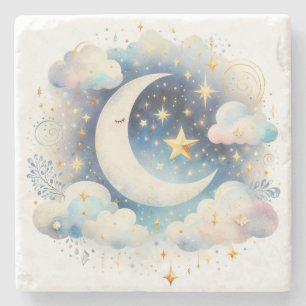Blau und Weiß Halbmond Celestial Boho Moderne Steinuntersetzer