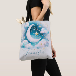 Blau und Weiß Halbmond Celestial Boho Moderne Tasche