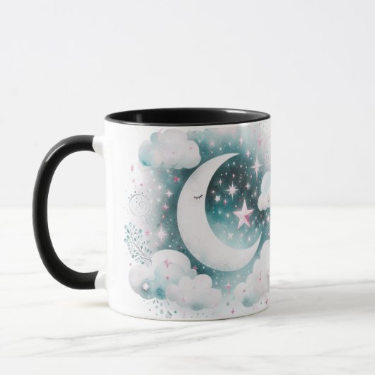 Blau und Weiß Halbmond Celestial Boho Moderne Tasse (Links)