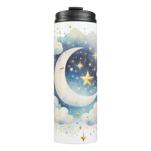Blau und Weiß Halbmond Celestial Boho Moderne Thermosbecher (Vorderseite)
