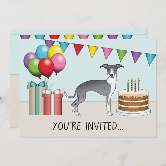 Blau und Weiß Italienischer Windhund farbenfroh zu Einladung (Vorne/Hinten)