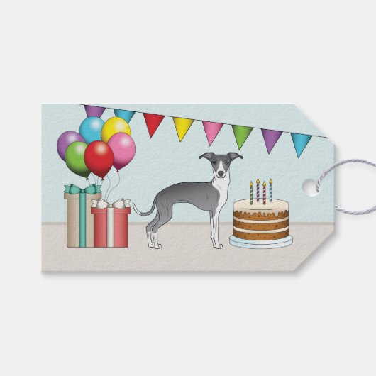 Blau und Weiß Italienischer Windhund farbenfroh zu Geschenkanhänger (Vorderseite (Horizontal))