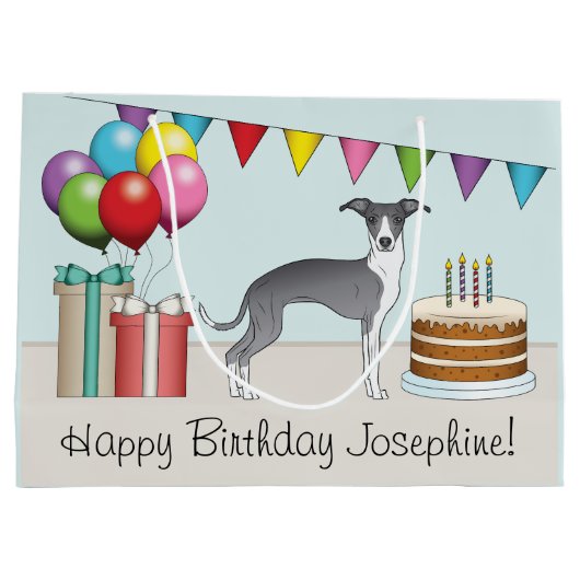 Blau und Weiß Italienischer Windhund farbenfroh zu Große Geschenktüte (Rückseite)