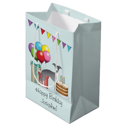 Blau und Weiß Italienischer Windhund farbenfroh zu Mittlere Geschenktüte (Vorderseite Schrägansicht)