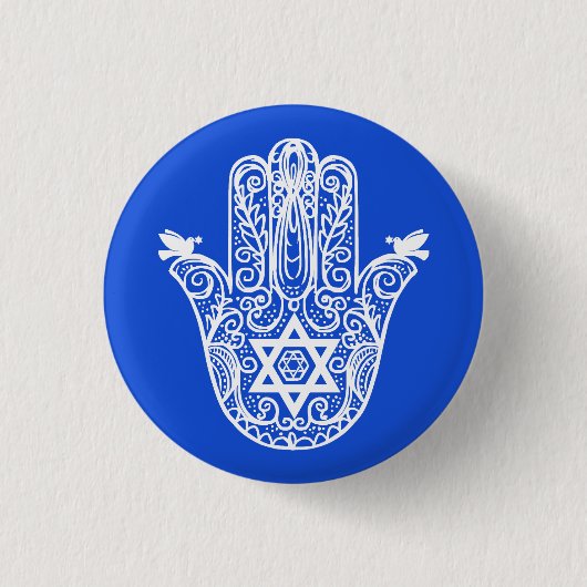 Blau und Weiß Juden die Hand von Miriam Hamsa Button (Vorderseite)
