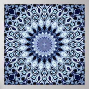 Blau und Weiß Kaleidoskop Mandala Muster Poster