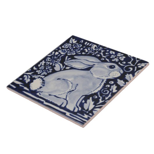 Blau und Weiß Kaninchen Blumendesigner 6" Kunst Fliese (Seite)