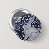 Blau und Weiß Kaninchen mit Vogelfliesen-Design Button (Vorne & Hinten)