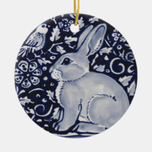Blau und Weiß Kaninchen mit Vogelfliesen-Design Keramikornament