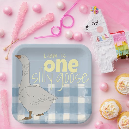 Blau und Weiß Kariert eine Alberne Gans Pappteller (Party)