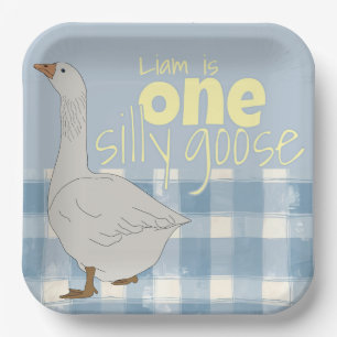 Blau und Weiß Kariert eine Alberne Gans Pappteller