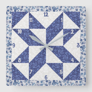 Blau und Weiß Kariert Windrad Faux-Quilt Quadratische Wanduhr