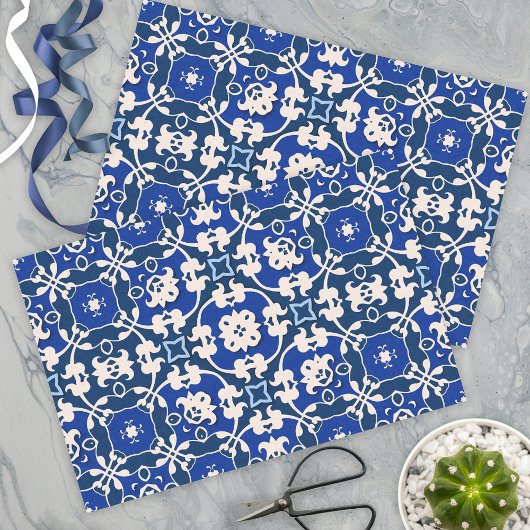 Blau und Weiß Klassisches elegantes Damask-Muster Seidenpapier