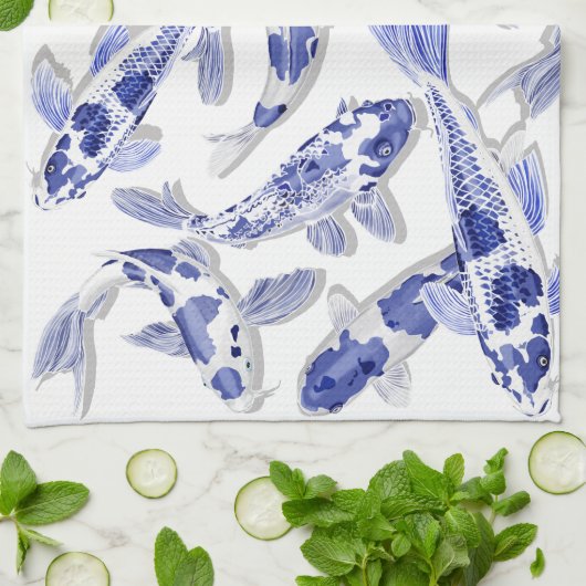 Blau und Weiß Koi Geschirrtuch (Gefaltet)