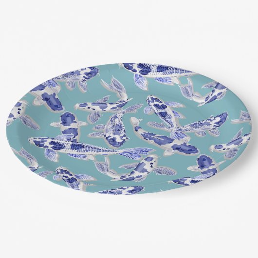 Blau und Weiß Koi Pappteller (Schrägansicht)