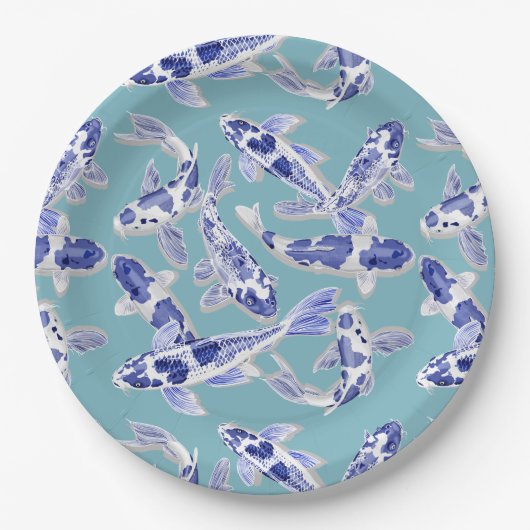 Blau und Weiß Koi Pappteller (Vorderseite)