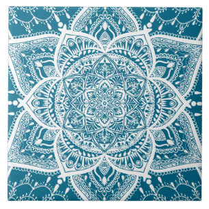 Blau und Weiß Mandala - Loergann in Holz Fliese