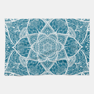 Blau und Weiß Mandala - Loergann in Holz Geschirrtuch