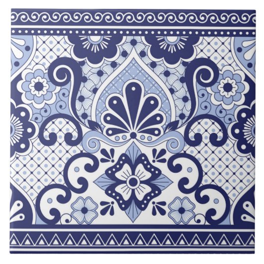 Blau und weiß mexikanische Talavera Folk Art Tile Fliese (Vorderseite)