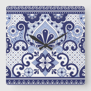 Blau und weiß mexikanische Talavera Folk Art Tile Quadratische Wanduhr