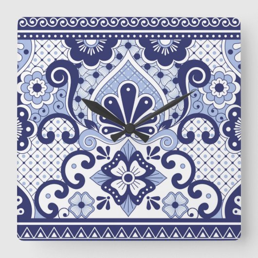 Blau und weiß mexikanische Talavera Folk Art Tile Quadratische Wanduhr (Vorderseite)