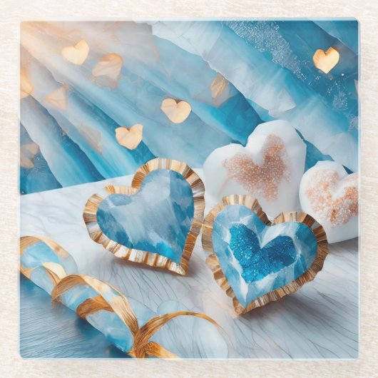 BLAU UND WEISS MIT GOLD GEARBEITETEN HERZEN GLASUNTERSETZER (Vorderseite)