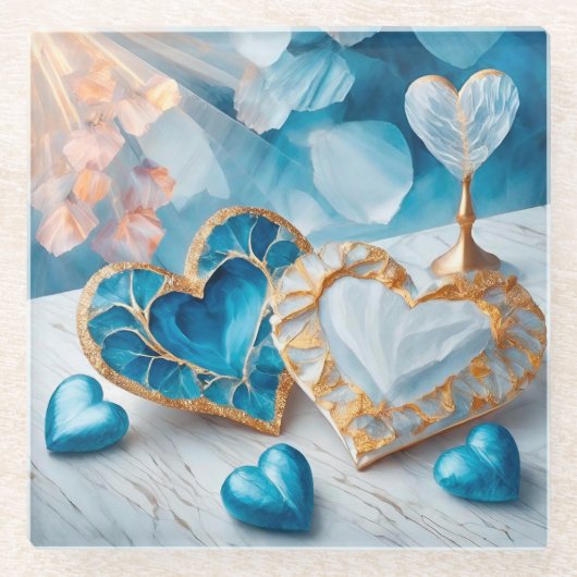 BLAU UND WEISS MIT GOLD GEARBEITETEN HERZEN GLASUNTERSETZER (Vorderseite)