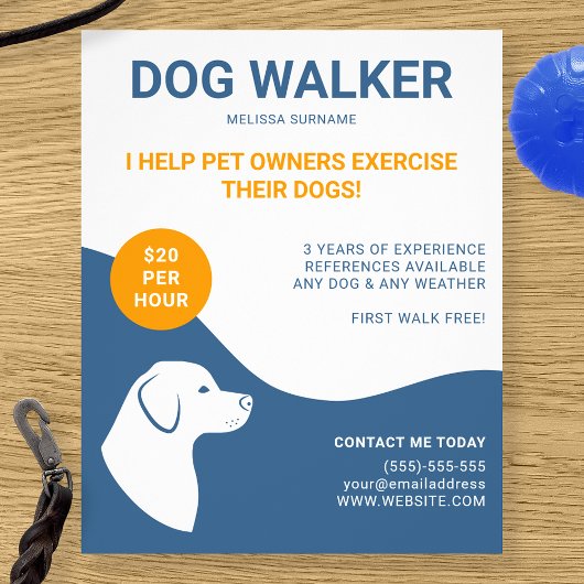 Blau und weiß mit Orange Dog Walker Template Flyer