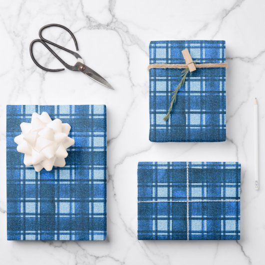 Blau und Weiß Moderne Denim Karierte Muster Geschenkpapier Set (Vorderseite)