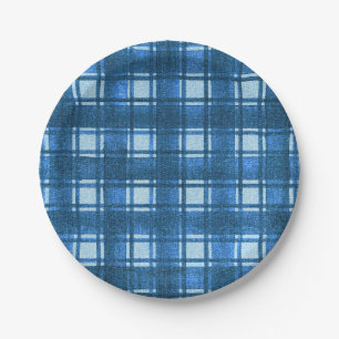 Blau und Weiß Moderne Denim Karierte Muster Pappteller