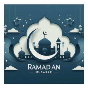 Blau und weiß Moderne Ramadan Mubarak Poster