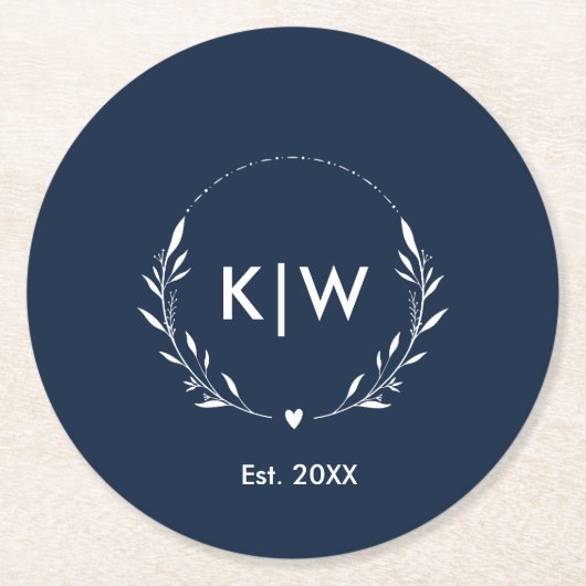 Blau und Weiß | Monogram für moderne Initials Runder Pappuntersetzer (Vorderseite)