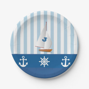 Blau und Weiß Nautic themed Monogramed Design. Pappteller