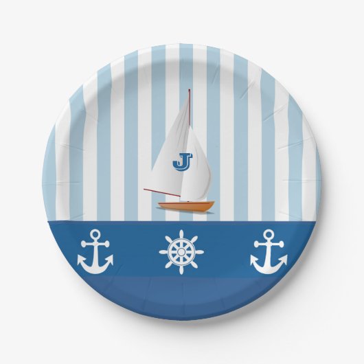 Blau und Weiß Nautic themed Monogramed Design. Pappteller (Vorderseite)