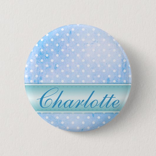 Blau und Weiß Polka Dot Personalisiert Button (Vorderseite)