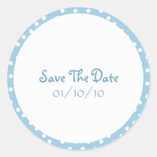 Blau und Weiß Polka Dot Save the Date Aufkleber (Vorderseite)