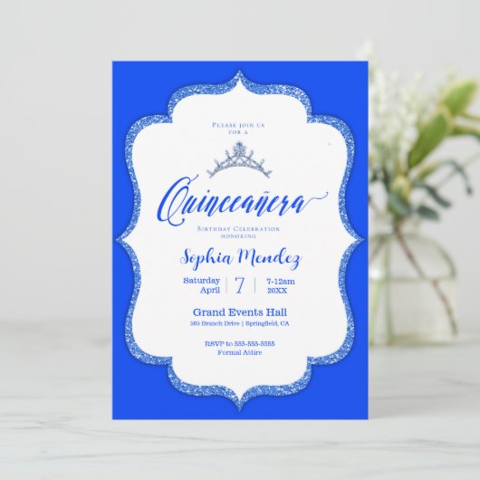 Blau und Weiß Quinceanera Einladung (Stehend Vorderseite)