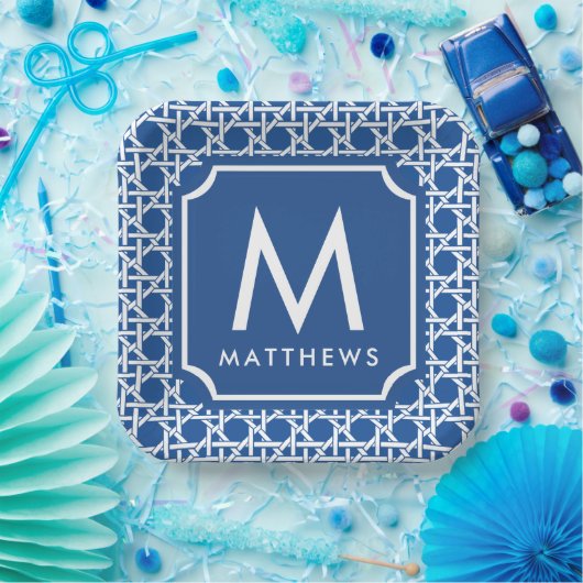 Blau und Weiß | Rattan | Monogramm Pappteller (Party)