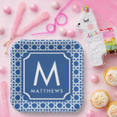 Blau und Weiß | Rattan | Monogramm Pappteller (Party)