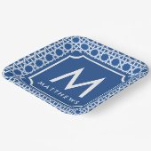 Blau und Weiß | Rattan | Monogramm Pappteller (Gewinkelt)